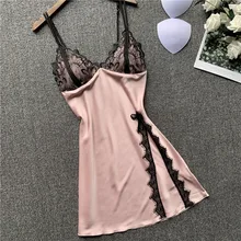 Lace Patchwork Female Spaghetti Strap Nightgown Satin Sexy Nightdress Intimate Lingerie Kimono Bathrobe Gown Casual Home Clothes