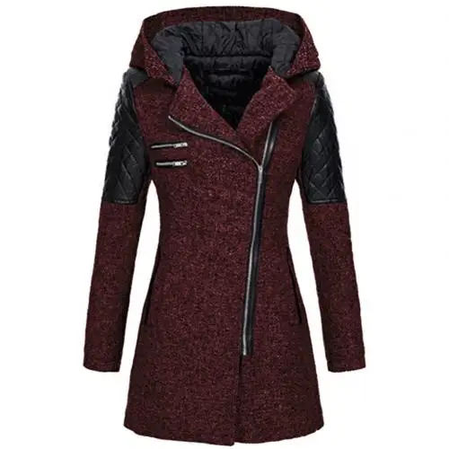 Wine Red Женский шикарный зимний шерстяной Теплый Тренч размера плюс с карманами на молнии - Цвет: Wine Red