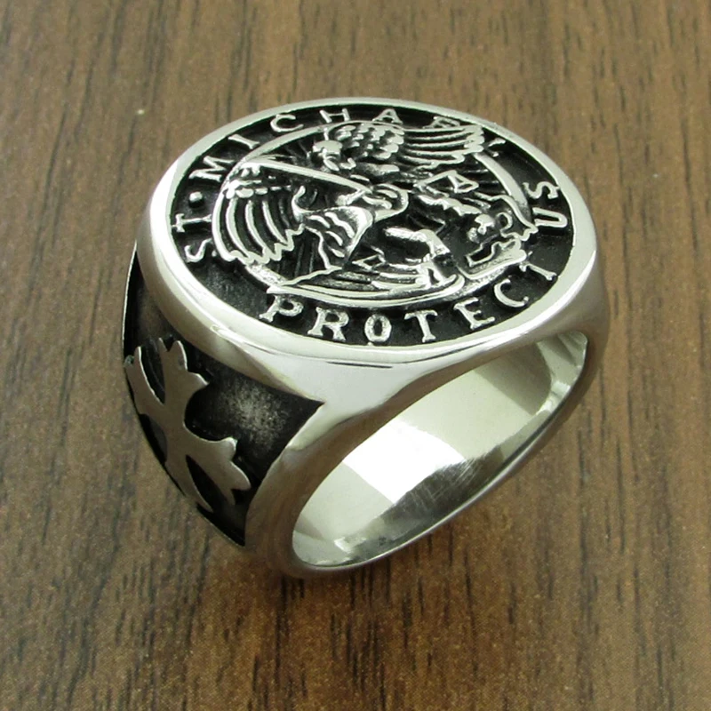

Free Shipping! Punk 316L Stainless Steel St-Michael Men Rings Good Lucky Talisman Religious Personality Legend Cross Ring