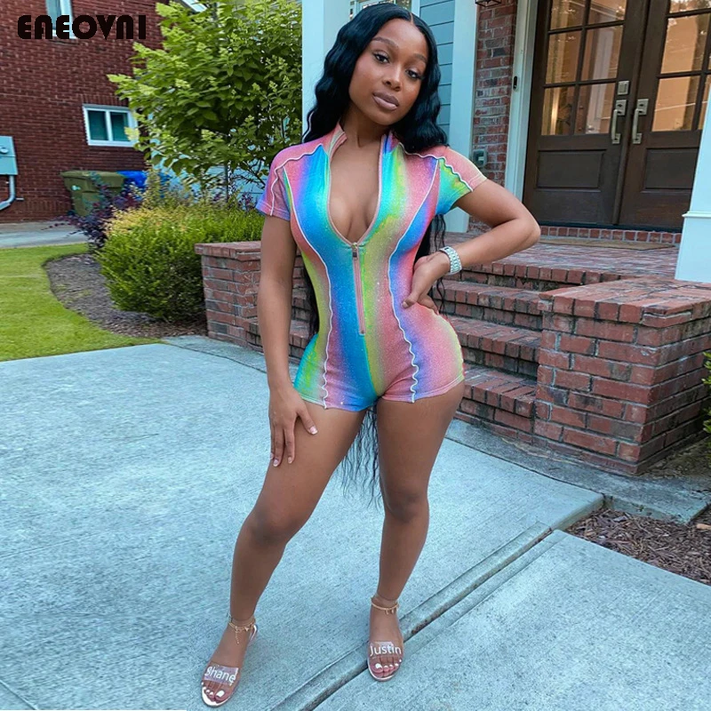 

Tie Dye Print Summer Sexy Bodycon Rompers Womens Jumpsuit Playsuit Zipper Skinny Short Sleeve Ladies Workout Jumpsuit Female