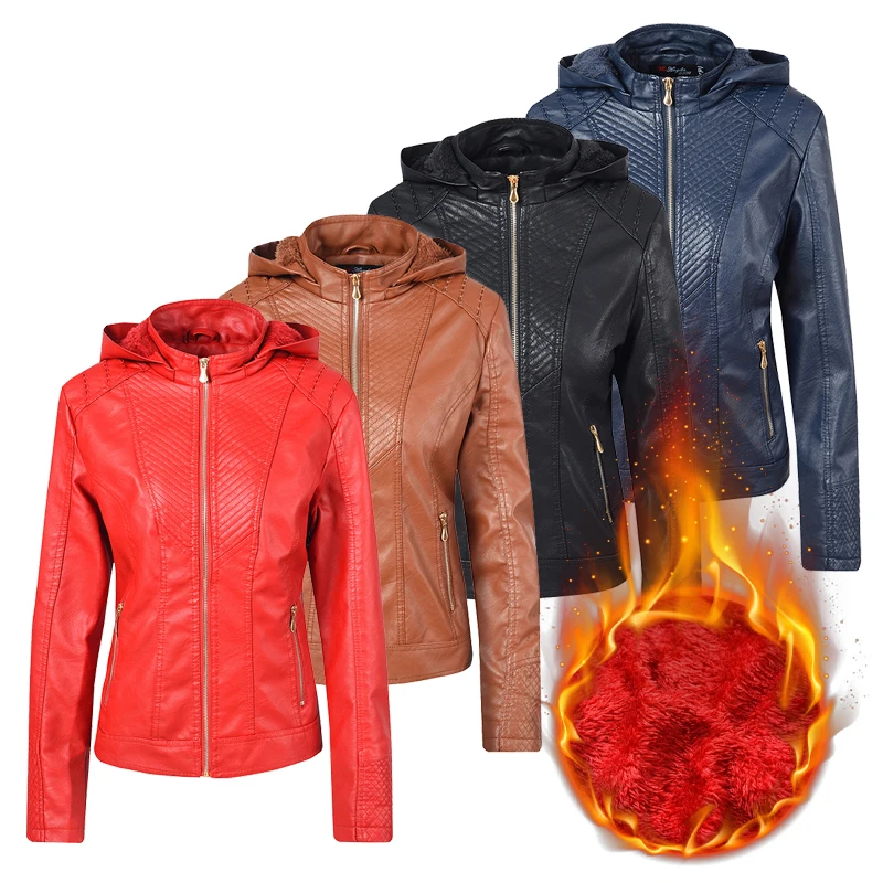thicken Women jacket tops Casual Zipper PU Hooded Coat cool leather Jacket Motorcycle Slim Biker Parka Outerwear ladies bomber