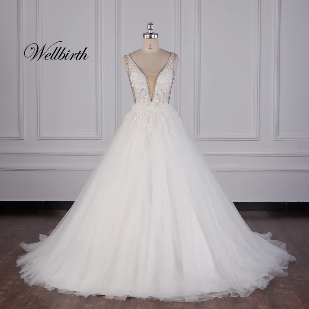 Реальное изображение Wellbirth Vestido de novia Милое Свадебное Платье трапециевидной формы с открытой спиной и коротким рукавом JC035