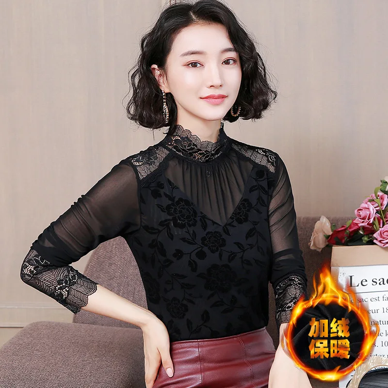 

Hot Selling Long Sleeve Lace Base Shirt Women's 2019 Autumn And Winter Korean-style Slim Fit Large Size Gauze Tops Brushed And T