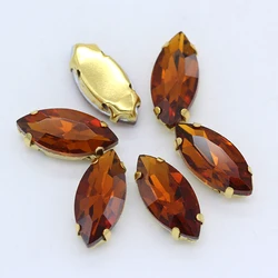 24-Color Sew-On Navette Rhinestones with Gold Claws, Marquise-Shaped for Jewelry, Fashion, and Crafting (Red coffee)