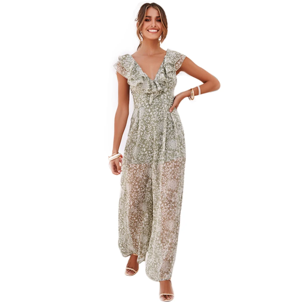 

Women Jumpsuit Gift Ruffled High Waist Halter Sleeveless Elegant Deep V Neck Sexy Wide Leg Summer Casual Fashion Floral
