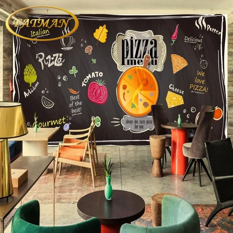 

Dropshipping Custom Photo Wallpaper Chalk Hand Painted Blackboard Cartoon Pizza Kitchen Wallpaper Fast Food Shop Pizza Shop