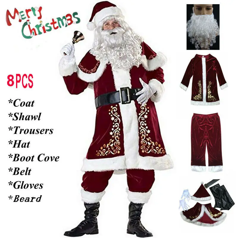 Man Santa Claus Suit Adult Christmas Cosplay Costume Red Deluxe Velvet Fancy 8pcs Set Xmas Party Family Costume Outfits cosplay costume santa claus costume