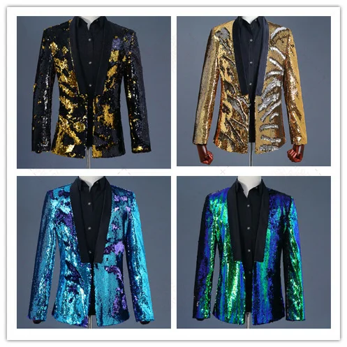 Mens Bling Bling Costume Sequin Nightclub Bar Stage Blazer Jacket Cosplay Coat