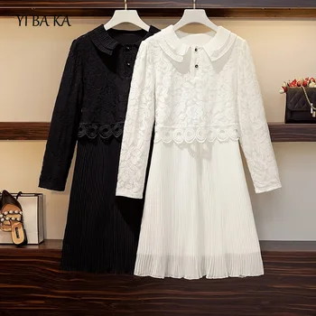 

High Quality Elegant hollow out lace dress women long sleeve autumn style knee length white lace dress party dress vestidos