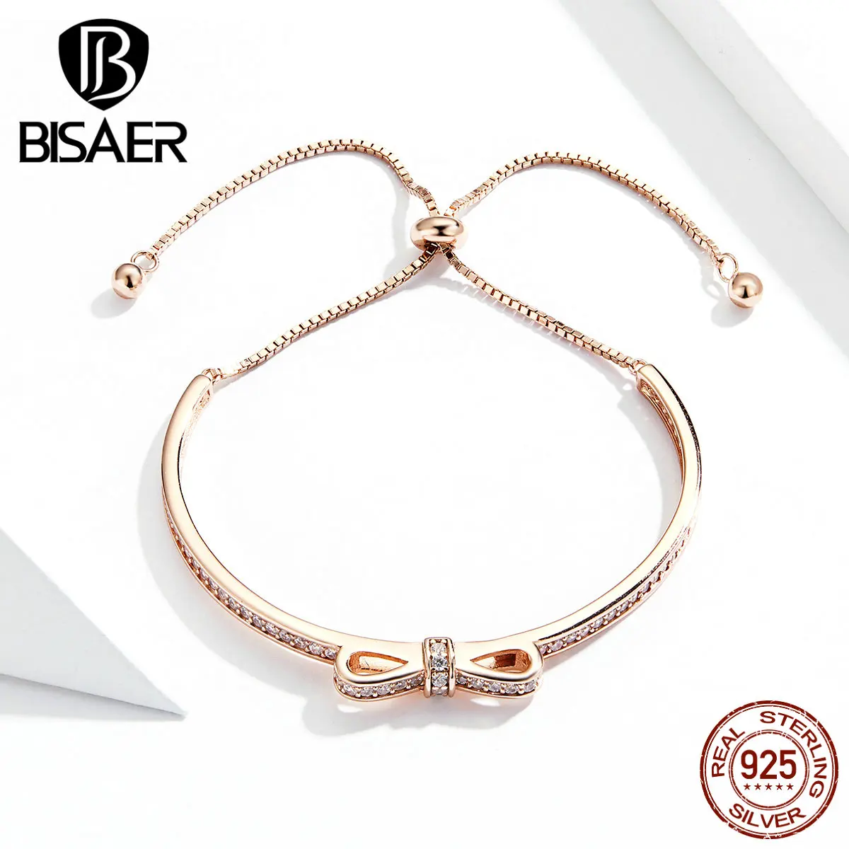 Браслеты с бантами BISAER, 925 пробы, серебро, кубический циркон, бант, Женская цепочка, теннисные браслеты для женщин, серебряные ювелирные изделия ECB108
