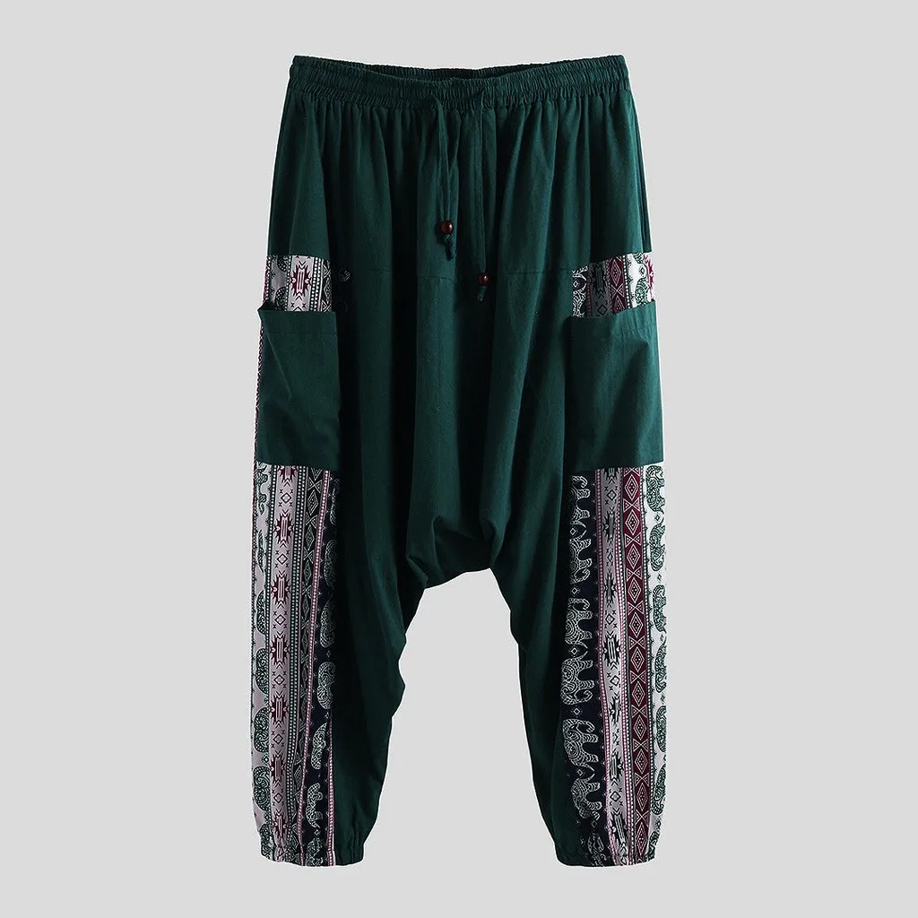 SAGACE Men's casual ethnic style retro printed cotton and linen loose bloomers loose breathable waist elastic band trousers hot
