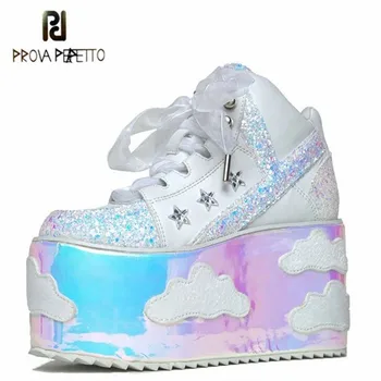 

Prova Perfetto New Style Women Shoes colour mixture Black White Cloud Round Toe Lace-Up shoes Flat Platform Bling Women Fashion