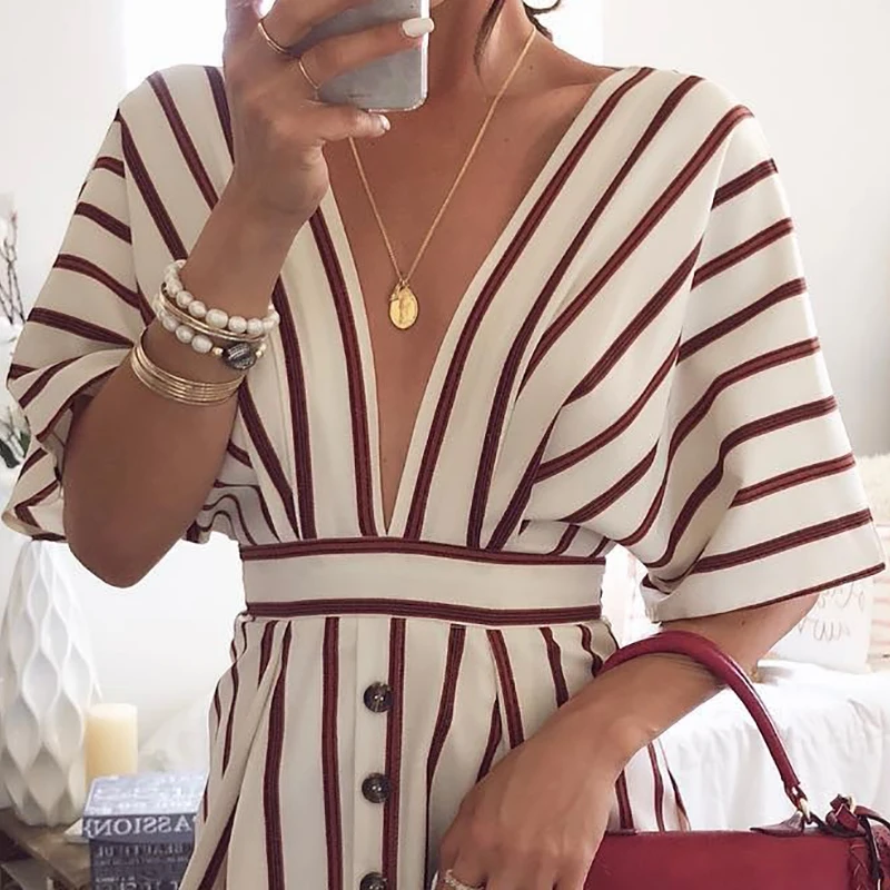 

2019 Summer New Fashion Women's Striped Print Dresses Sexy Deep V-neck Loose Bat Sleeve Dress Casual Button Short Sleeved Dress