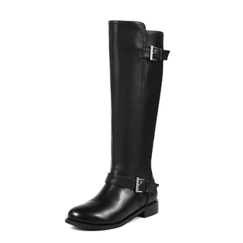 

100% Genuine Leather Women Knee High Boots Fashion Rivets Low Heels Female Night Club Shoes Woman New Big Size Boots