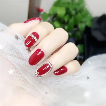 

24pcs/box wiht 2g glue New Korean Style Manicure Red Fake Nails press on Shiny Diamond Full Cover Round Head acrylic Nail tips