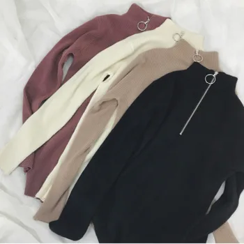 

Casual Knitted Turtleneck Pullovers Sweater Women 2019 Autumn Winter Zipper Up Solid Slim Knitting sweaters Big Size Pull Femme