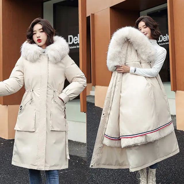 Vielleicht -30 Degrees Women Jacket Long Parkas Female Coat Winter Warm Removable Fur Lining Hooded Winter Jacket Women Outwear Beige