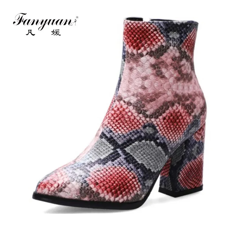 

fanyuan 2019 autumn winter sexy woman shoes block high heels snake skin print pattern pointed toe gold silver women ankle boots