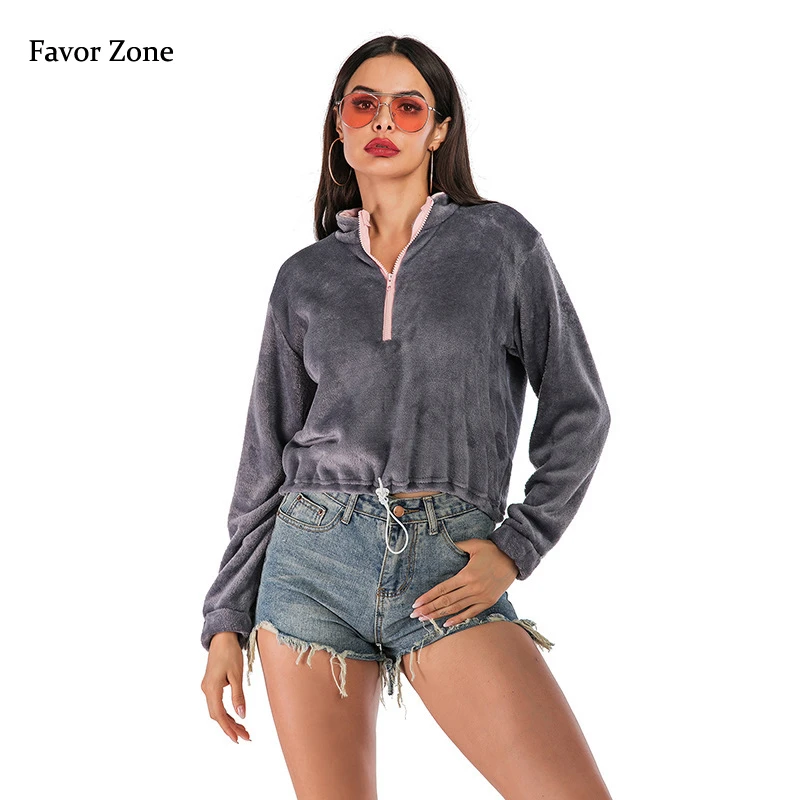 

Gray Women's Sweatshirt Fashion Zippers Stand Collar Adjustable Waist Streetwear Casual Flannel Autumn Winter Warm Pullover Tops