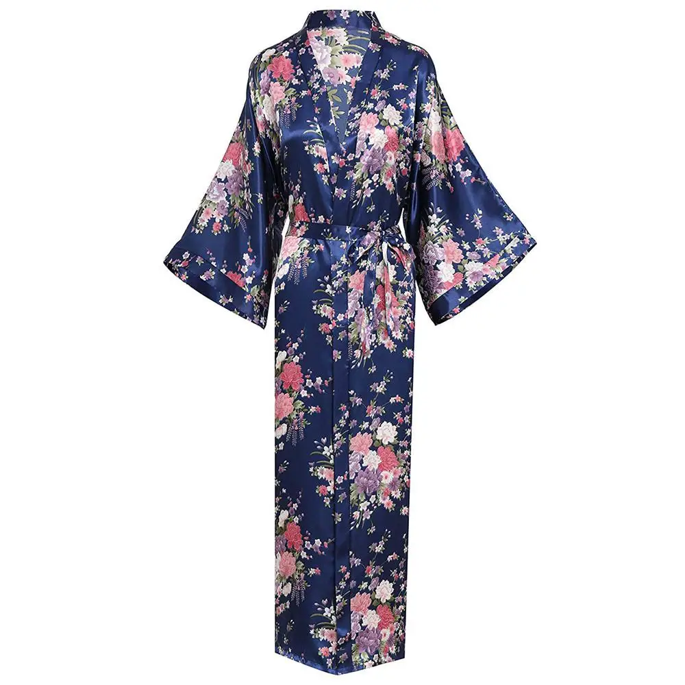 Золотой женский сексуальный свободный халат с цветочным принтом кимоно платье плюс размер 3XL летняя новая ночная рубашка Повседневная Мягкая домашняя одежда - Цвет: Navy Blue A