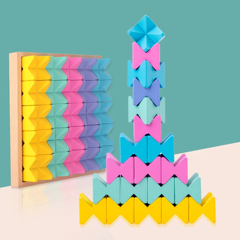 

25Pcs Wood Creative Blocks Macaron Variety Stacking Building Blocks with Wooden Tray Toys for Toddler 2-7 Years Non Toxic Paint
