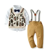 Детская одежда для новорожденных мальчиков хлопковая рубашка Леопардовый вязаный жилет комплект со штанами на лямках праздничный комплект из 3 предметов, От 2 до 5 лет
