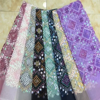 

Multicolor 2020 New Design African Lace Fabric Wholesale French Lace Fabric High Quality Nigerian Tulle Sequins Lace Fabric