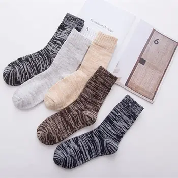 

5 Pairs Winter Faux Wool Knit Crew Socks Horizontal Stripes Mid Tube Hosiery