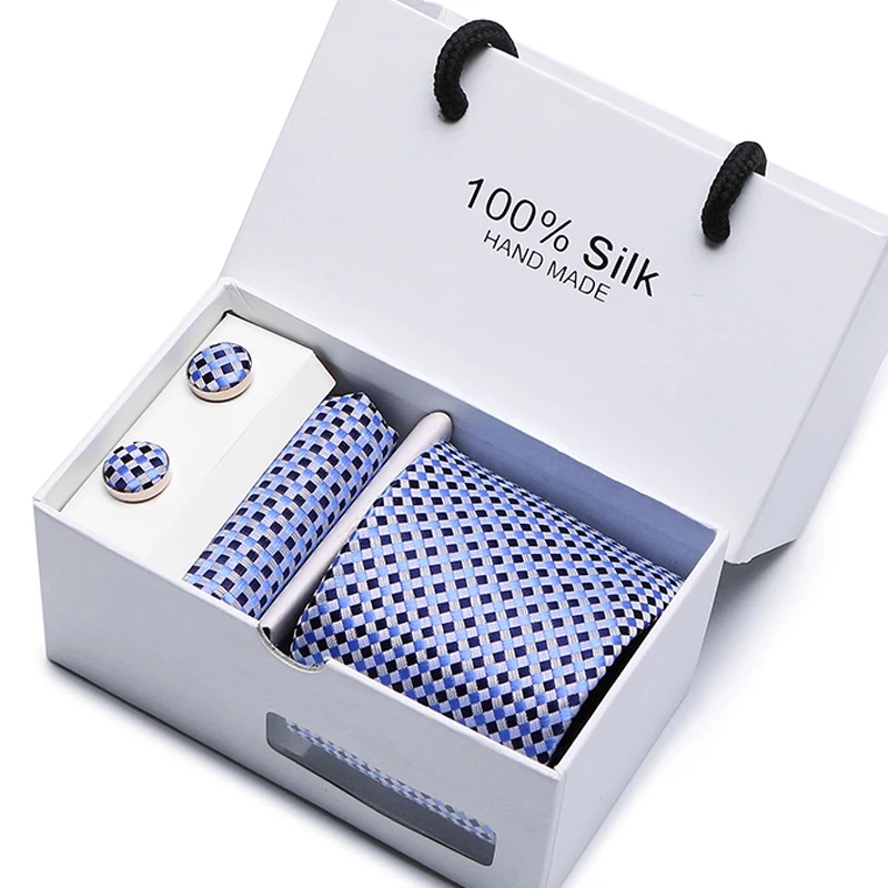 

Luxury Classical 7.5cm Blue Dot Tie For Mens Silk Necktie Hanky Gift Box Set Jacquard Men Tie Set With White Box