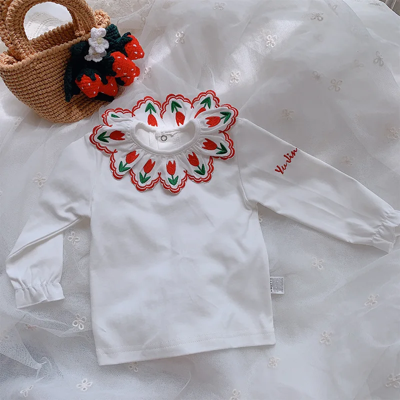 EnkeliBB/белая блузка с длинными рукавами в Стиле Лолита для маленьких девочек; базовые Топы с вышивкой клубники и вишни; качественные белые блузки для маленьких девочек
