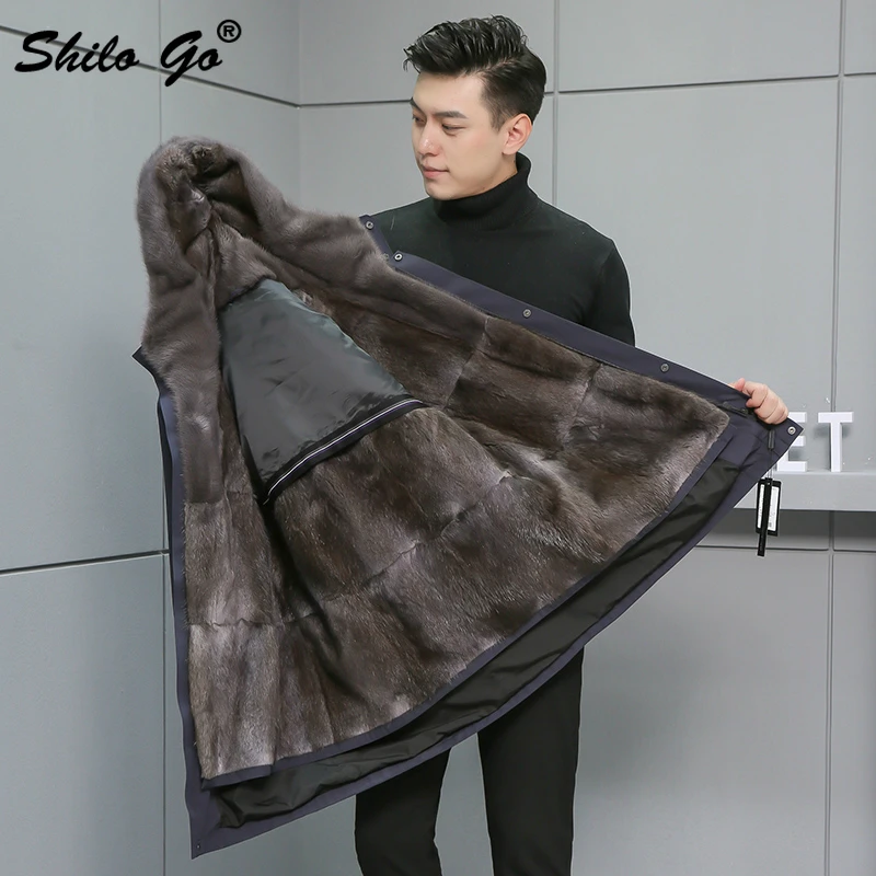 Меховые парки Smart casual, воротник из натурального меха норки, Толстая теплая норковая меховая подкладка, длинное пальто с капюшоном, Мужская зимняя верхняя одежда темно-синего цвета размера плюс