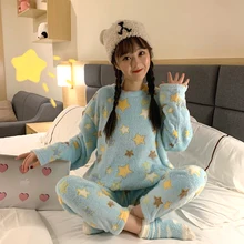 QWEEK Winter Pajams Flannel Sleepwear Color Five-pointed Star Pattern Pijamas Pour Femme Home Clothes Loungewear Pyjamas Warm