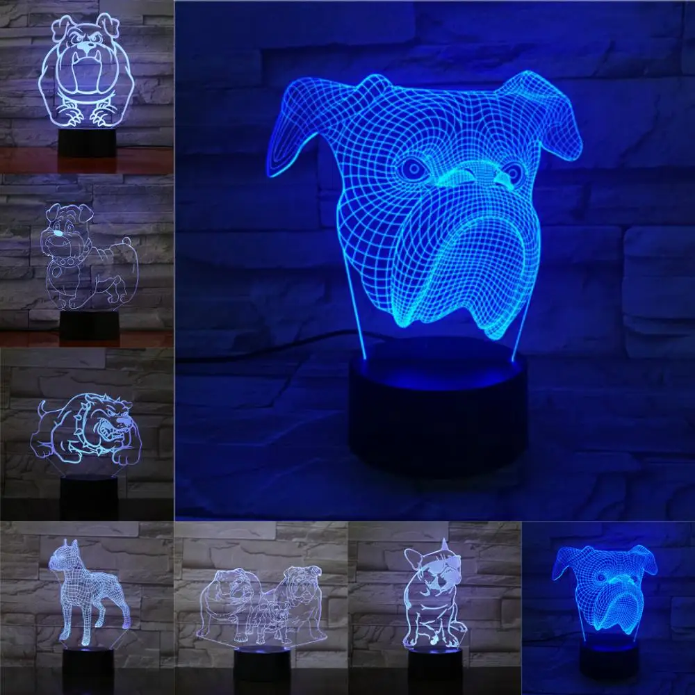 Bulldog 3D Lamp 7 Colors Changing LED Night Light Cartoon Pet Kids Christmas Birthday Gifts Lovely Toy Abstract Acrylic Lamparas | Освещение