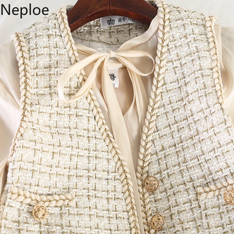 Neploe/маленькое дизайнерское тонкое длинное платье с галстуком-бабочкой+ плед, кардиган короткий жилет, комплекты из 2 предметов, осенняя Элегантная модель 46824 года