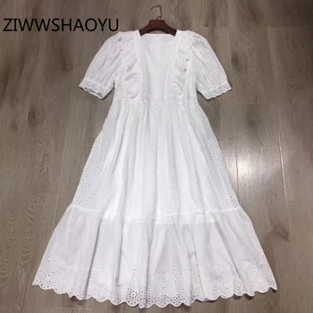 

ZIWWSHAOYU Summer Female Elegant Fashion Party Dresses Runway Designer Women White V-Neck Hollow Out Embroidery Midi Dress
