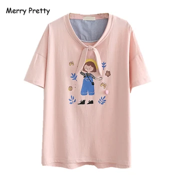 

MERRY PRETTY Cotton Women's Cartoon Harajuku Girl Print T Shirt Short Sleeve O-Neck Lace Up T Shirt Femme Casual Basic Tops Tee