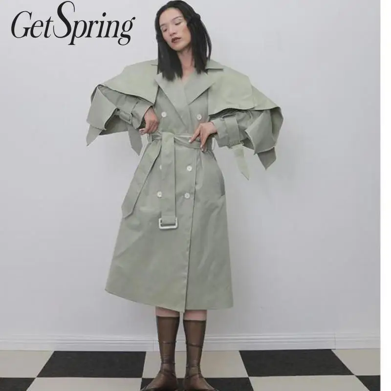 

GETSPRING Women Trench Coat Fake Two Pieces Bandage Turndown Collar Coats Irregular Vintage Long Coat Overcoat 2019 New Winter