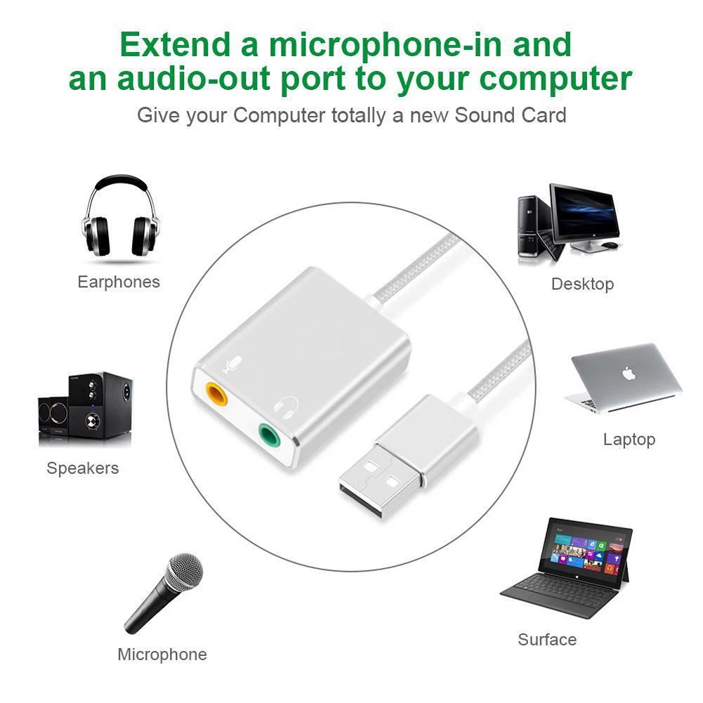 

External USB 2.0 3D Virtual 7.1 Channel Audio Sound Card Adapter 3.5mm USB Type-AStereo output jack for Personal Computer Laptop