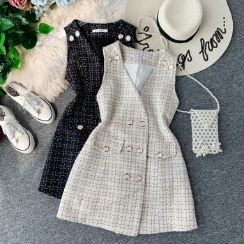 

ZCWXM Elegant Women Plaid Tweed V Neck Dress Sleeveless A-Line Woman Woolen Buttons Fashion Dresses New Autumn
