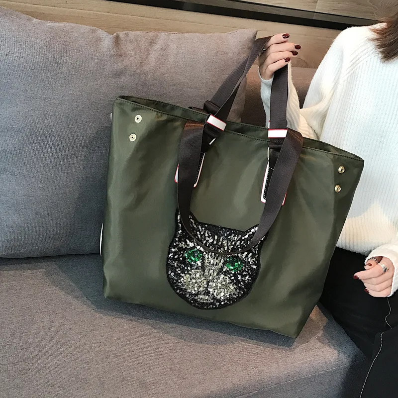 Cat head Green Женская нейлоновая сумка для путешествий на короткие расстояния в Корейском стиле, вместительная водонепроницаемая сумка на плечо для путешествий - Цвет: Cat head Green