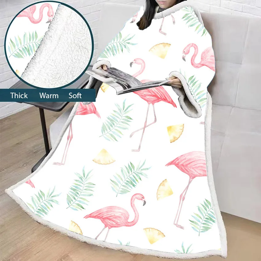 

Flamingo Wearable Modern Lazy Flowers Blanket With Sleeves Winter 3D Print Cotton Velvet Leaves Blanket For Adults Travel Home