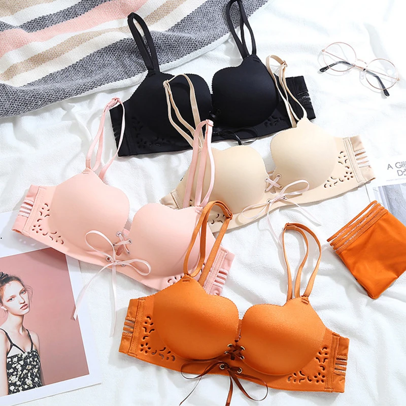 

Wasteheart Women Fashion Solid Orange Pink Sexy Lingerie Underwear Straps Cotton Panties Wireless Bras Sets One-Piece Bra Sets