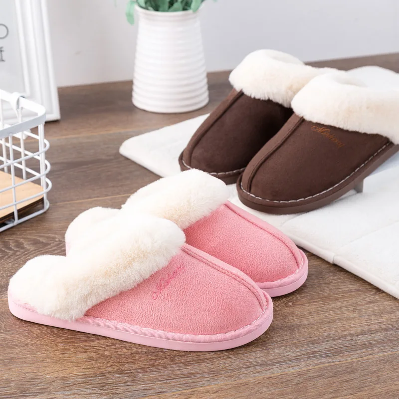 Women Furry Slippers Winter House Fur Women Slippers Faux Suede Upper Warm Plush Couples Cotton Casual Shoes Indoor Non-slip