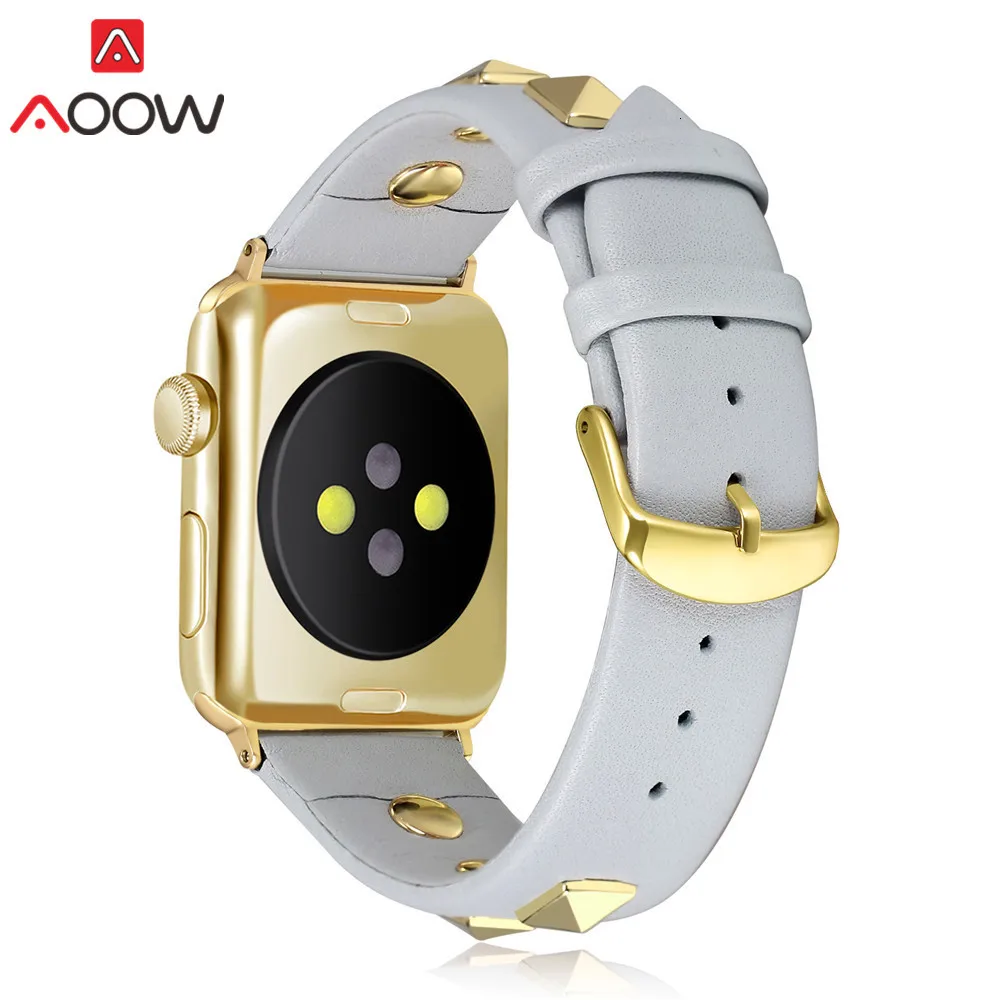 Ремешок для часов из натуральной кожи для Apple Watch 38 мм 40 мм 42 мм 44 мм модный ремешок с заклепками для iwatch 12 3 4 Мужской Женский браслет