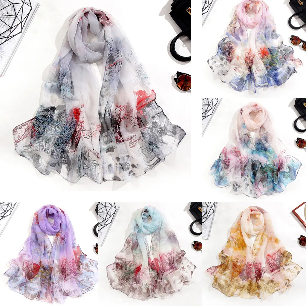 

Gift Wraps Stole Soft Scarf Fashion Women Long Soft Wrap Scarf Shawl Chiffon landscape Print Scarf Scarves шарф женский#917P
