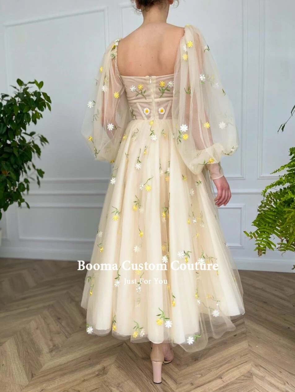 Booma Beige Square Neck Prom Dresses Long Puff Sleeves Embroidery Tulle Prom Gowns A-Line Ankle-Length Wedding Party Dresses