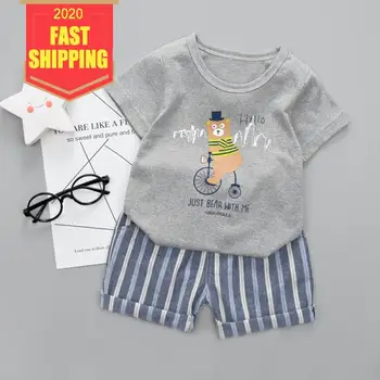 

Boys Clothes Set 2020 Summer Toddler Clothes Cotton Cartoon Pattern T-shirts+Striped for Kids Boy Clothing 12M-4T Children