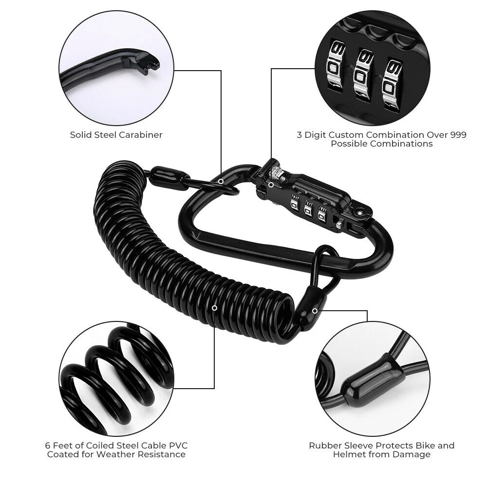 Motorcycle Helmet Lock& Black Tough Combination Universal Fit Bicycle Stroller PIN Locking Carabiner Device