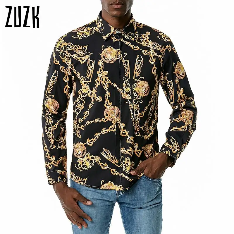 

ZUZK Baroque Court Style Mens Luxury Shirts New Street Fashion Hip Hop Camisas Golden Floral Print Male Wedding Prom Fancy Shirt