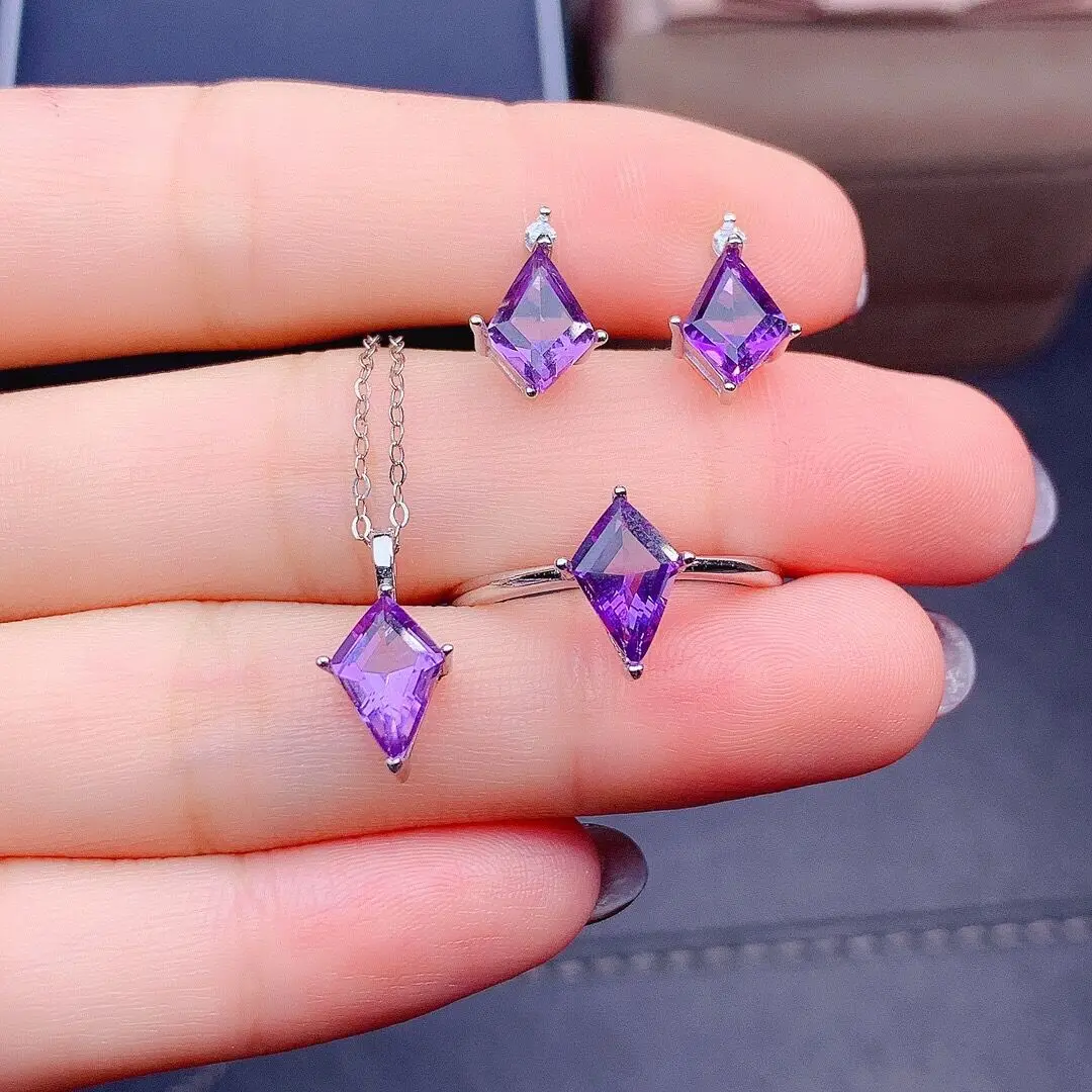 

Natural amethyst ring millennium cut latest kite-style fashion trend S925 Silver plated 18K gold engagement